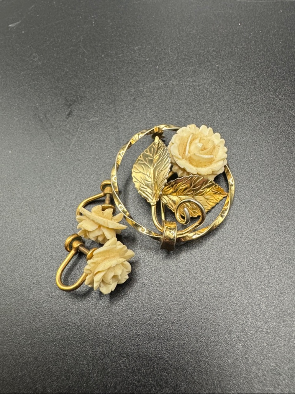 Gold Filled Rose Circle Brooch and earrings with Cream Flower Accents